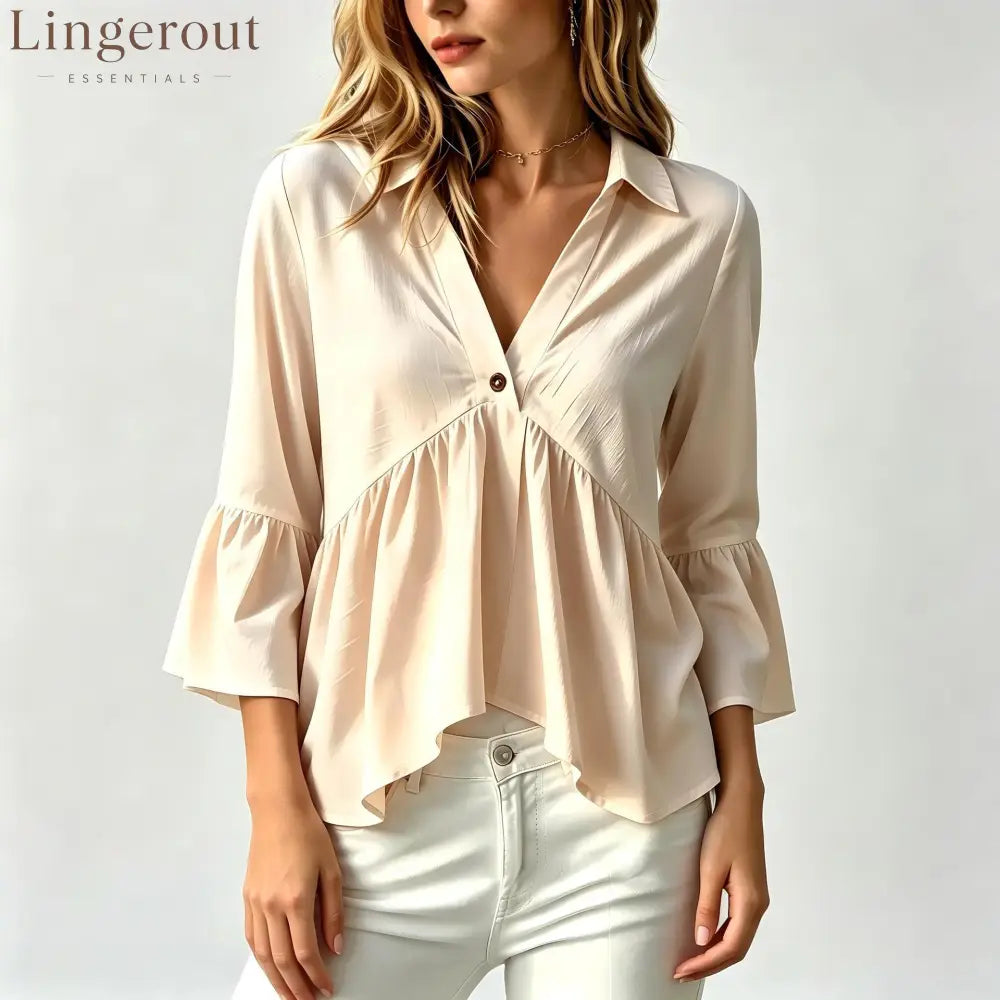 Collared V-Neck Peplum Blouse Top - Apricot / S