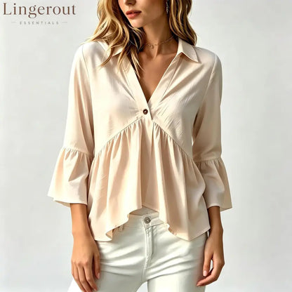 Collared V-Neck Peplum Blouse Top - Apricot / S