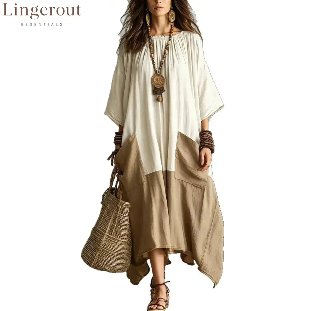Color Block 3/4 Sleeve Round Neck Linen Blend Irregular Hem Maxi Dress With Pockets