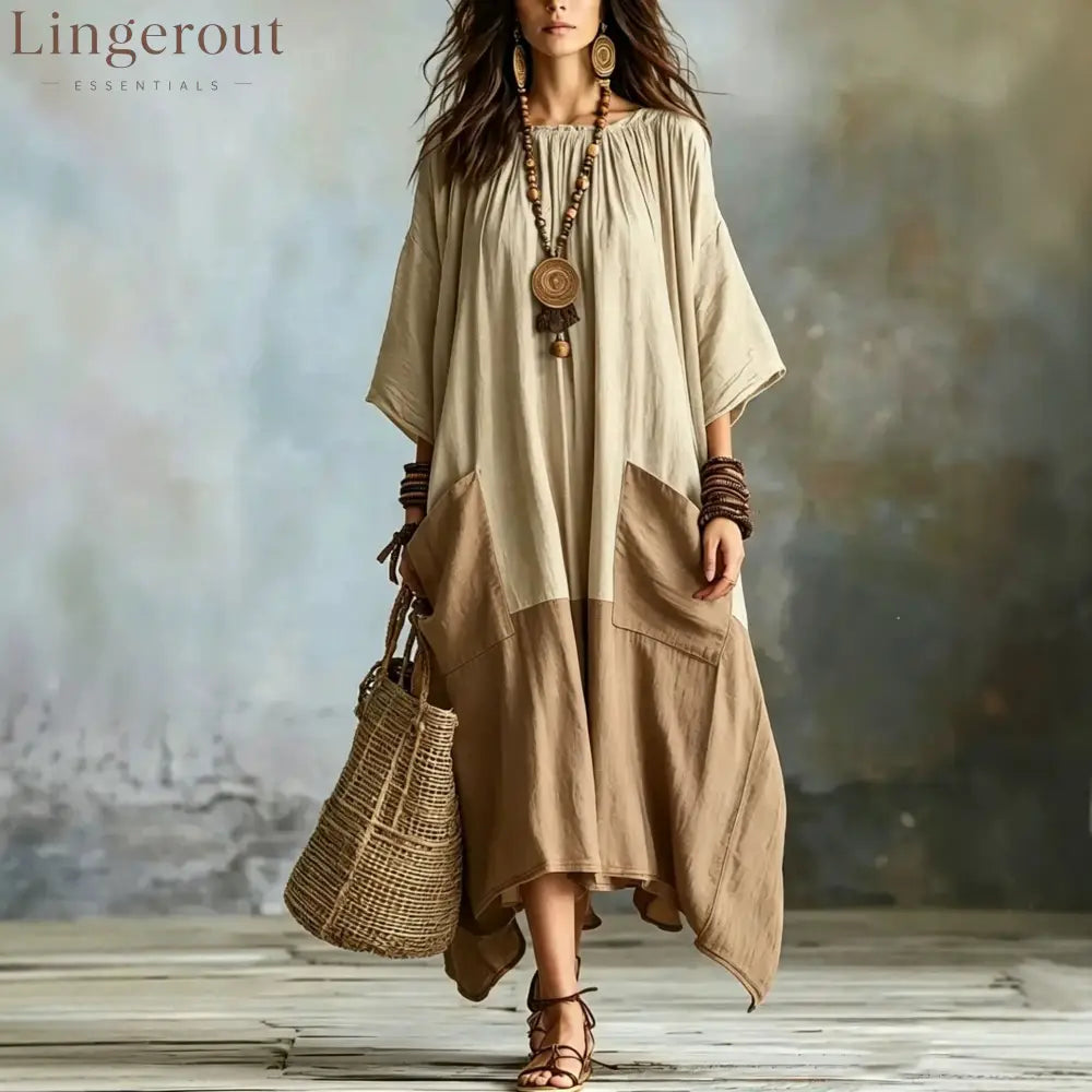 Color Block 3/4 Sleeve Round Neck Linen Blend Irregular Hem Maxi Dress With Pockets - Apricot / S