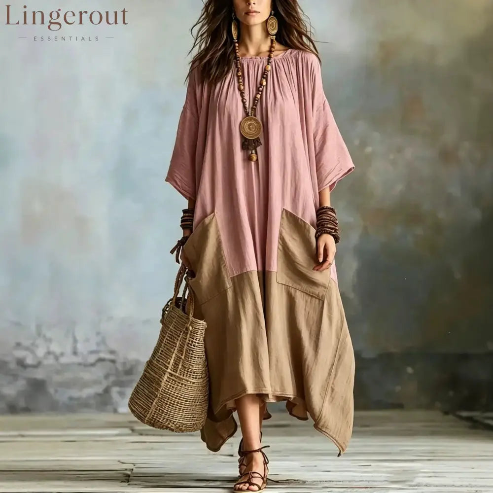 Color Block 3/4 Sleeve Round Neck Linen Blend Irregular Hem Maxi Dress With Pockets - Pink / S