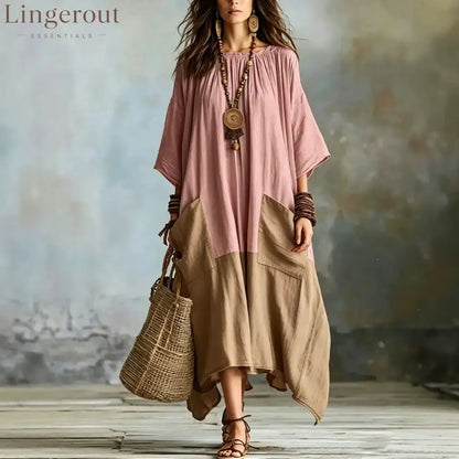 Color Block 3/4 Sleeve Round Neck Linen Blend Irregular Hem Maxi Dress With Pockets - Pink / S