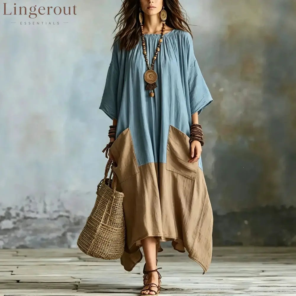 Color Block 3/4 Sleeve Round Neck Linen Blend Irregular Hem Maxi Dress With Pockets - Sky blue / S