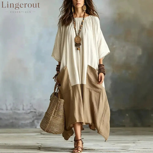 Color Block 3/4 Sleeve Round Neck Linen Blend Irregular Hem Maxi Dress With Pockets - White / S