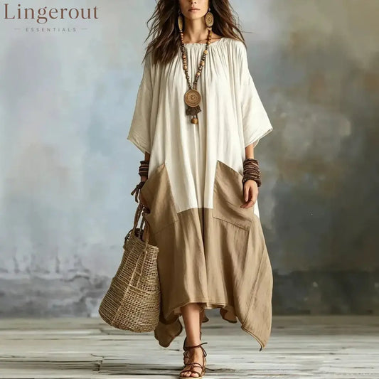 Color Block 3/4 Sleeve Round Neck Linen Blend Irregular Hem Maxi Dress With Pockets - White / S