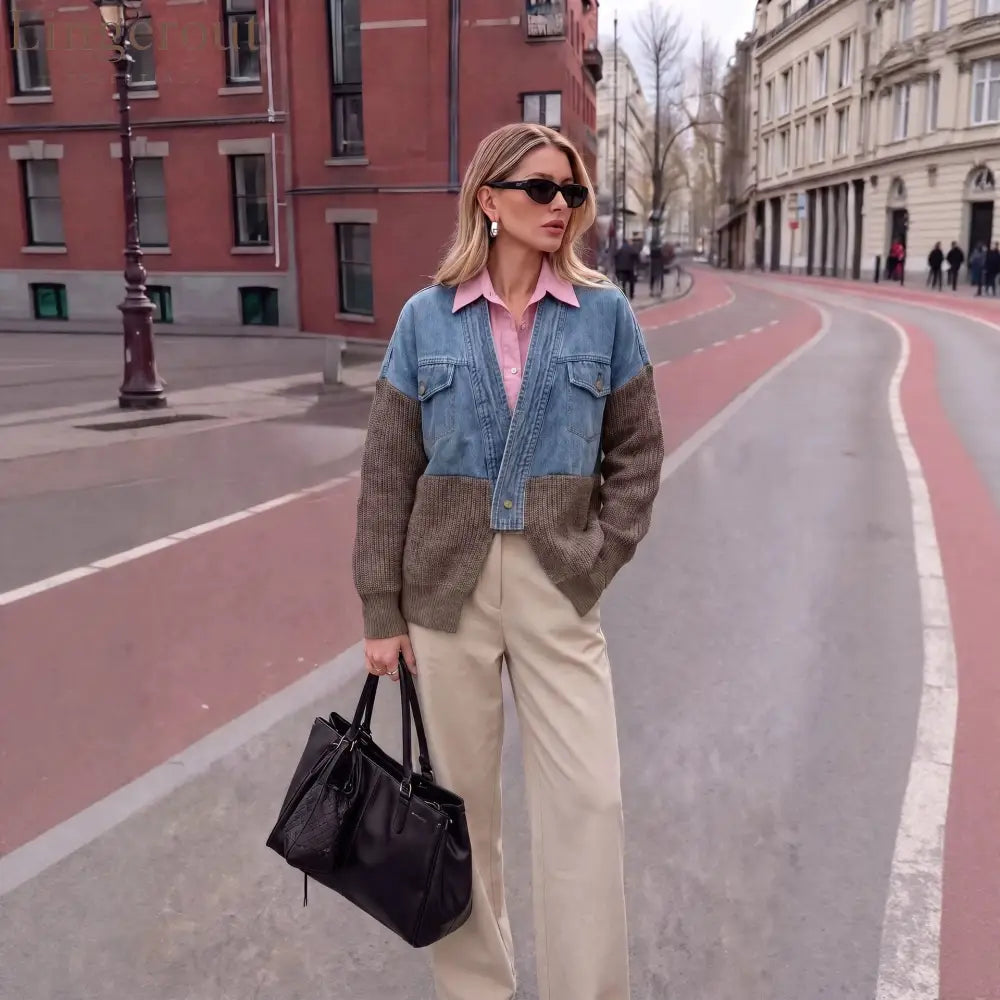 Color-Block Denim & Knit Hybrid Jacket | Button-Front Layering Piece