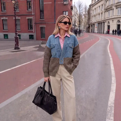 Color-Block Denim & Knit Hybrid Jacket | Button-Front Layering Piece