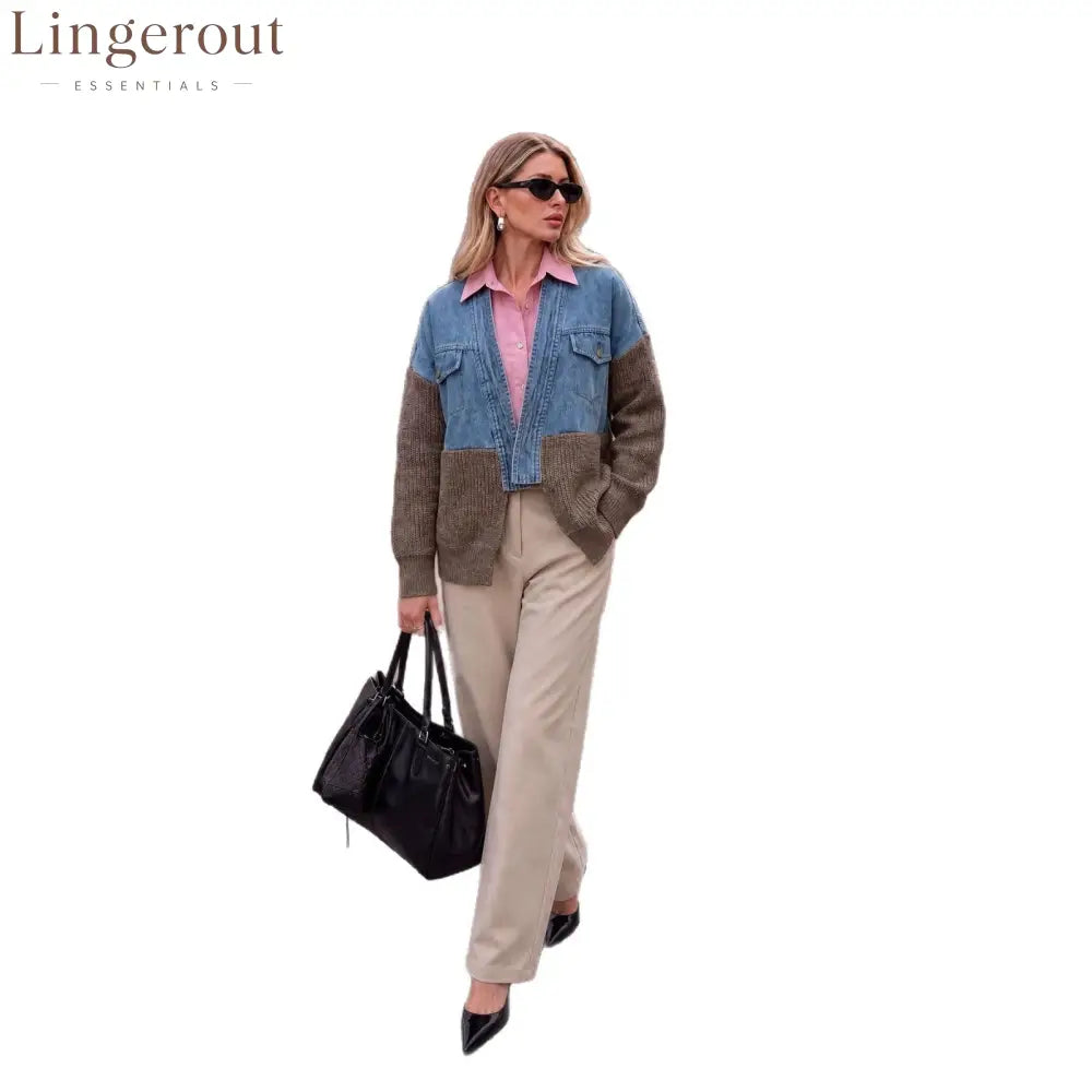 Color-Block Denim & Knit Hybrid Jacket | Button-Front Layering Piece