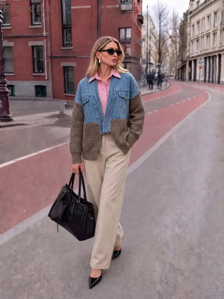 Color-Block Denim & Knit Hybrid Jacket | Button-Front Layering Piece - Brown / S