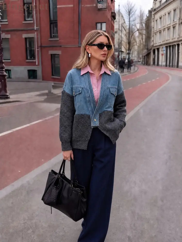 Color-Block Denim & Knit Hybrid Jacket | Button-Front Layering Piece - Grey / S