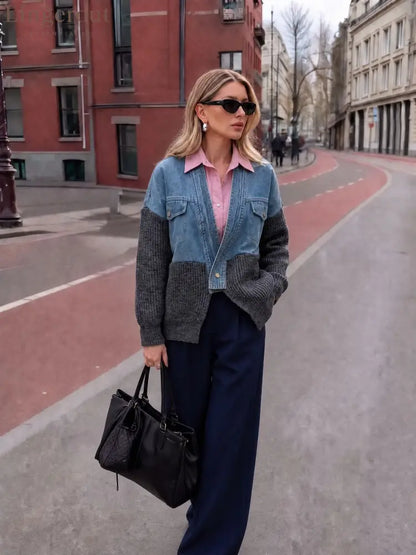 Color-Block Denim & Knit Hybrid Jacket | Button-Front Layering Piece - Grey / S