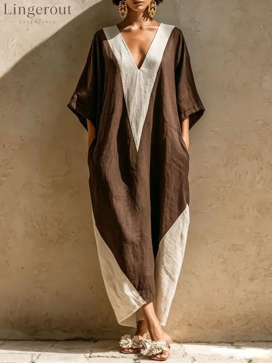 Color-Block Geometric Kaftan Maxi Dress - Brown / S