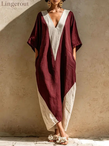 Color-Block Geometric Kaftan Maxi Dress - Claret / S
