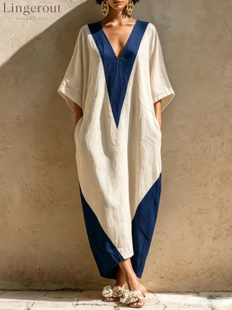 Color-Block Geometric Kaftan Maxi Dress - Milky / S