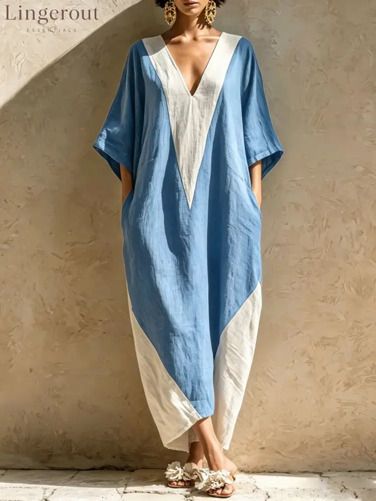 Color-Block Geometric Kaftan Maxi Dress - Sky blue / S