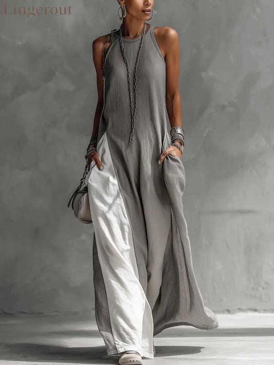 Color Block Gray Sleeveless Cotton Linen Maxi Dress - Gray / XS