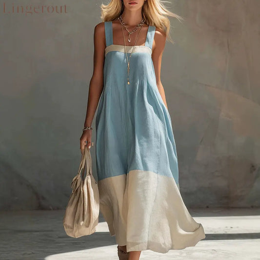 Color Block Hem Spaghetti Strap Maxi Dress