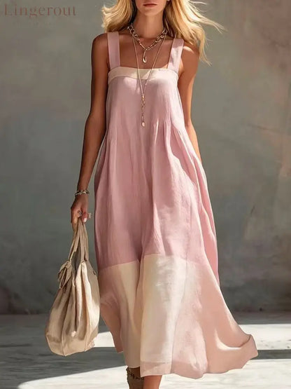 Color Block Hem Spaghetti Strap Maxi Dress - Light pink / S