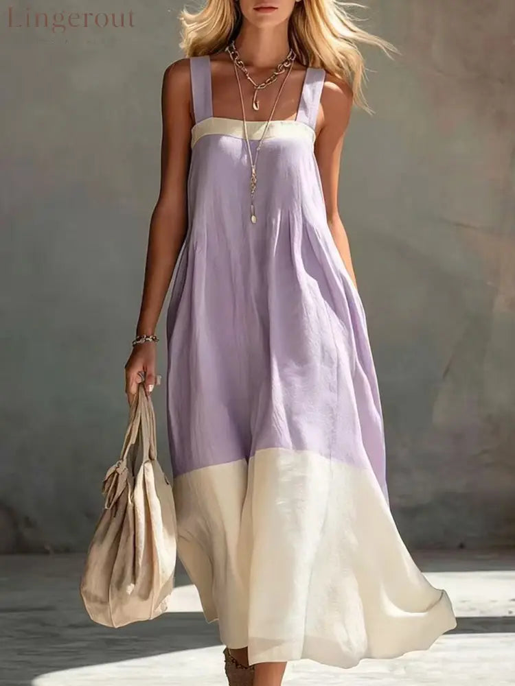 Color Block Hem Spaghetti Strap Maxi Dress - Light purple / S