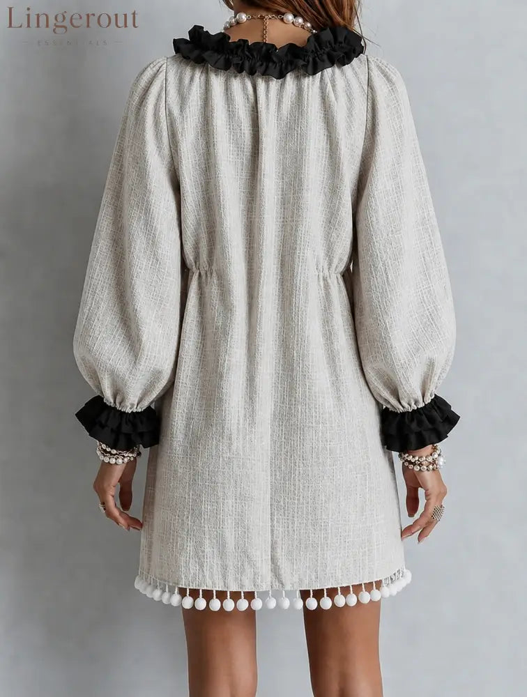 Color-Block Lettuce-Edge Puff Sleeves Tassels Shift Mini Dress