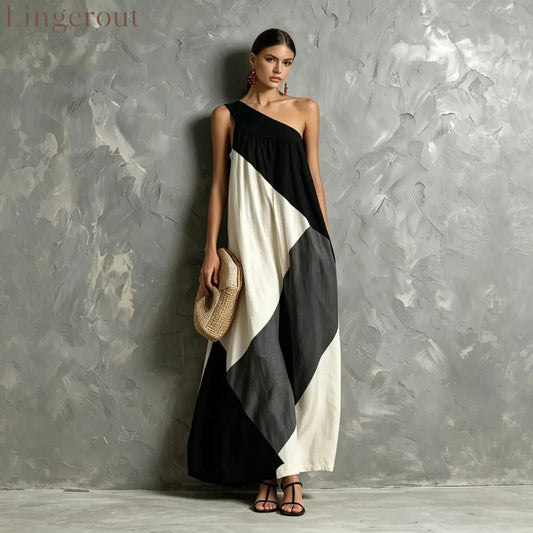 Color Block One Shoulder Vacation Maxi Dress