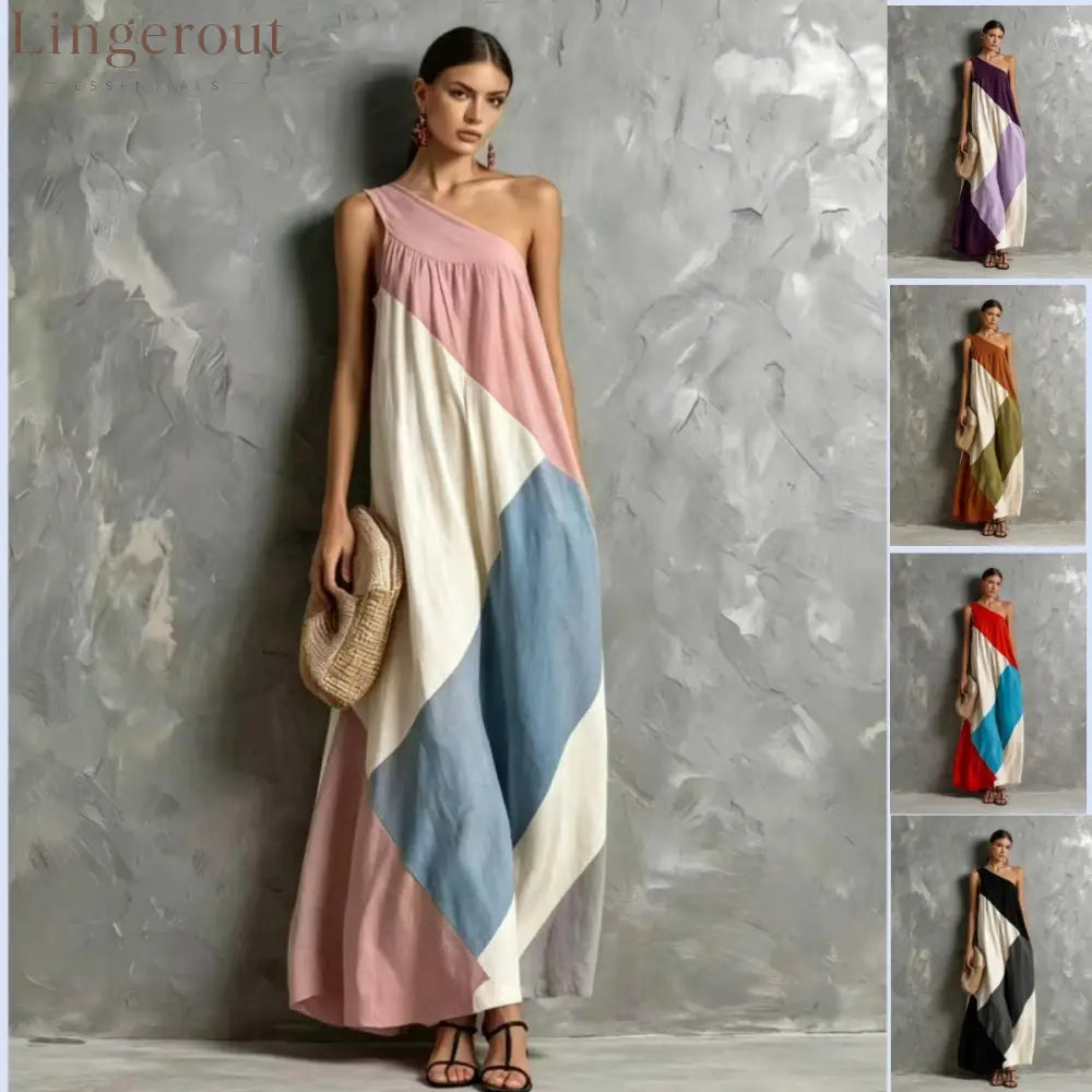 Color Block One Shoulder Vacation Maxi Dress