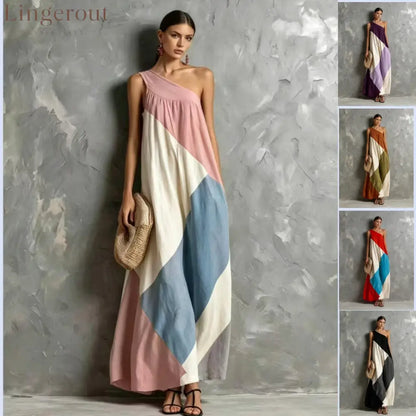 Color Block One Shoulder Vacation Maxi Dress