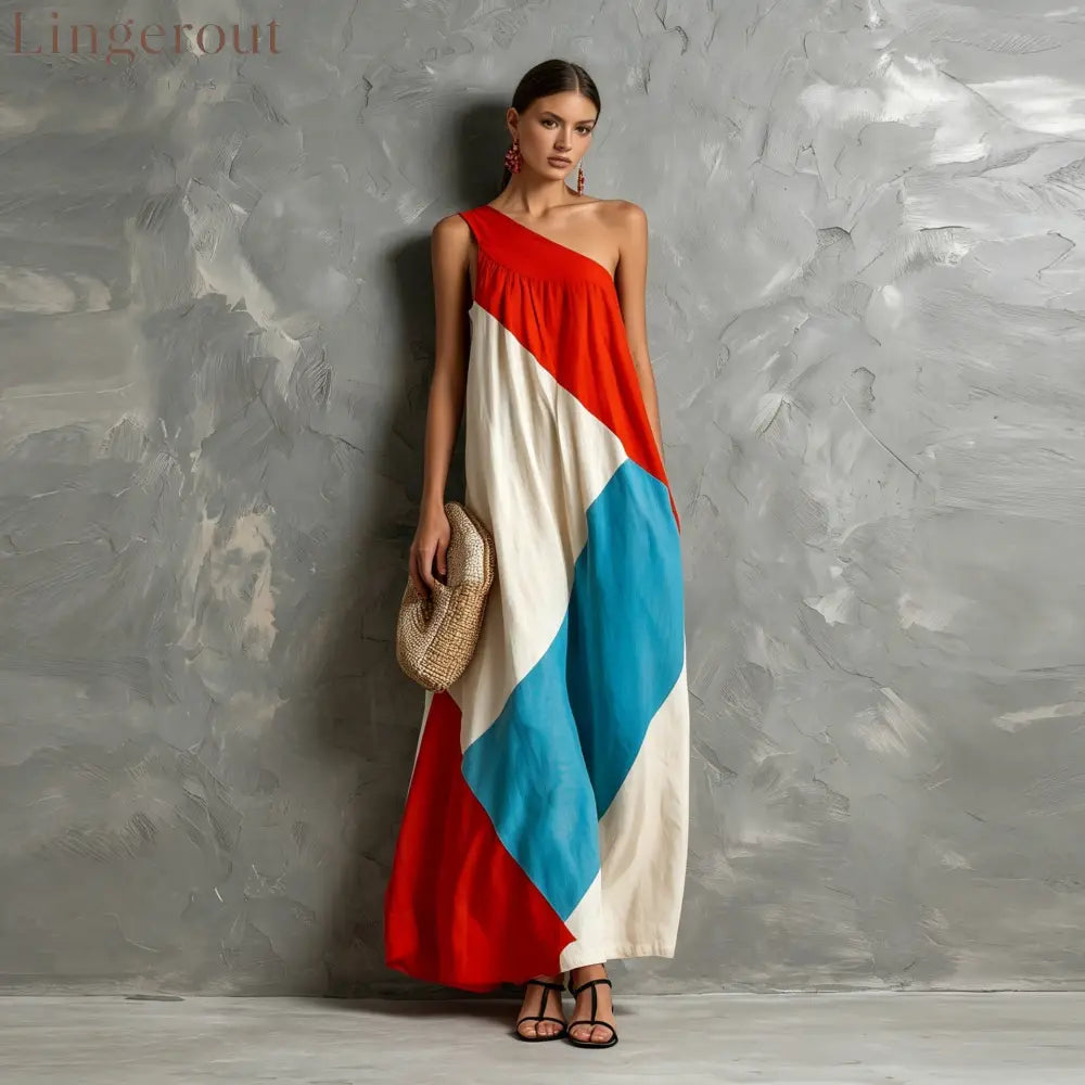 Color Block One Shoulder Vacation Maxi Dress - Red blue white / S