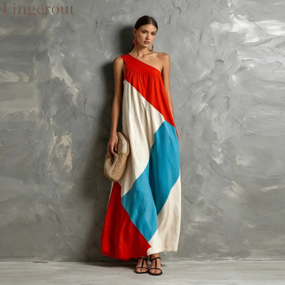 Color Block One Shoulder Vacation Maxi Dress - Red blue white / S