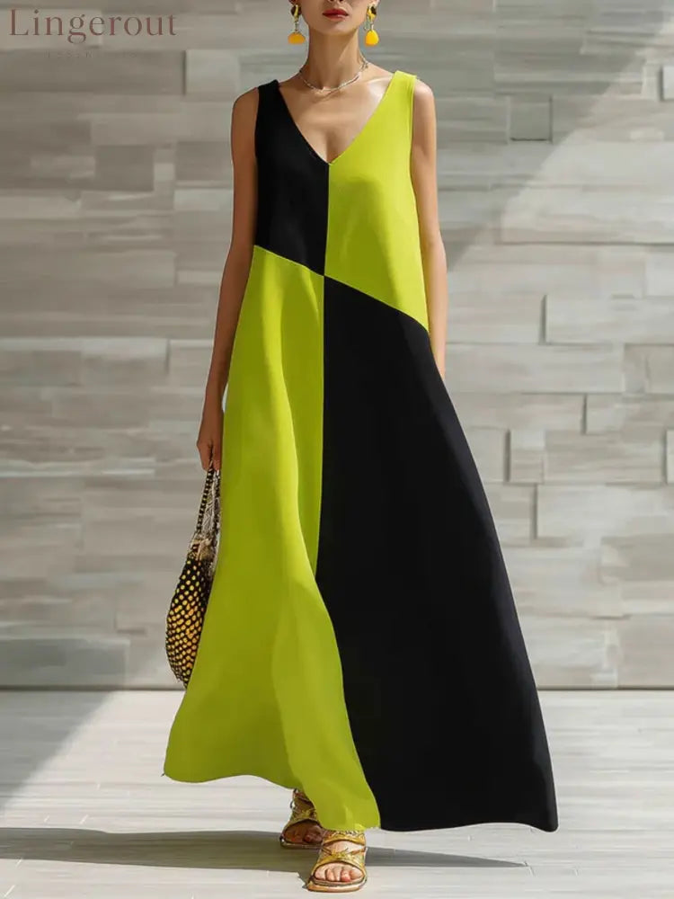 Color Block Sleeveless Maxi Dress - Lime / S