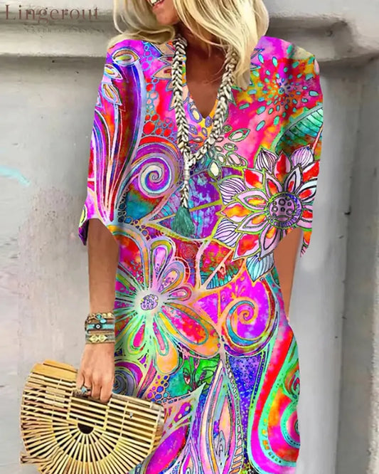 Colorful Floral Print Dress - Multicolor / S