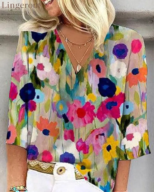Colorful floral print V-neck three-quarter sleeve casual shirt - Multicolor / S