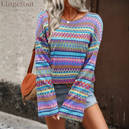 Colorful Geometric Stripe Bell Sleeve Top