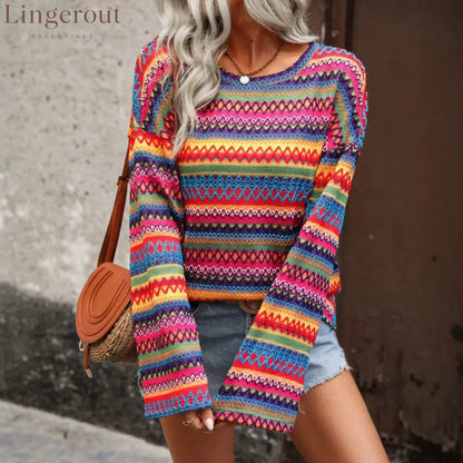 Colorful Geometric Stripe Bell Sleeve Top