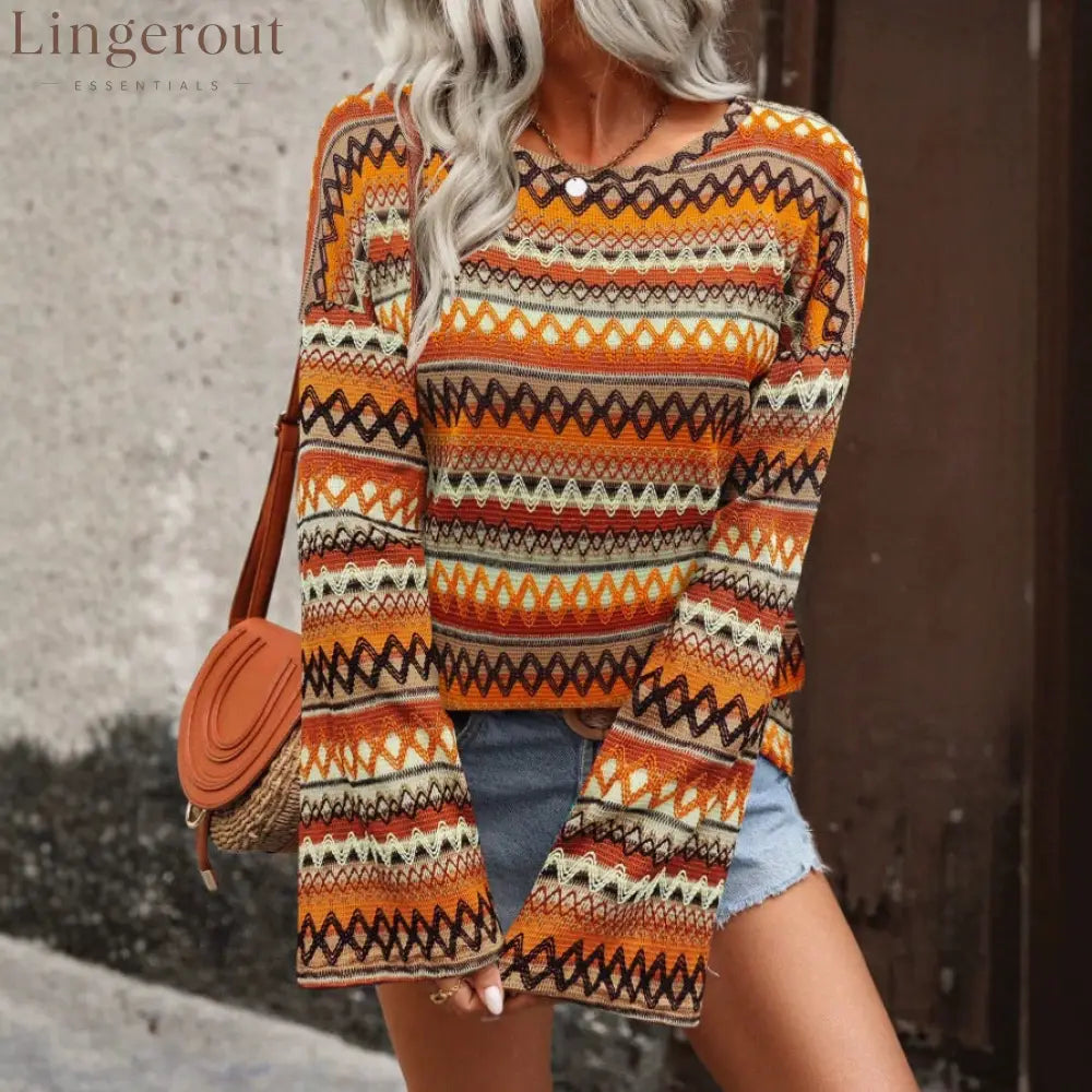Colorful Geometric Stripe Bell Sleeve Top