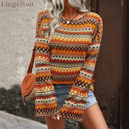 Colorful Geometric Stripe Bell Sleeve Top