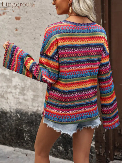 Colorful Geometric Stripe Bell Sleeve Top