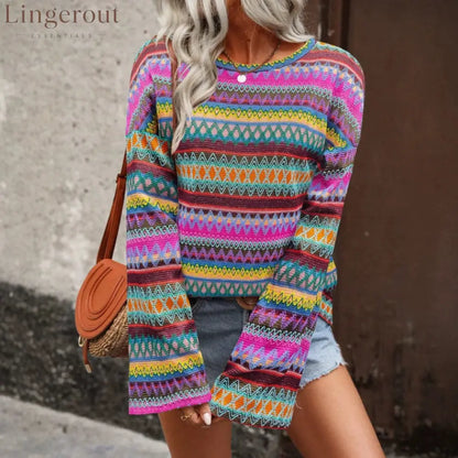 Colorful Geometric Stripe Bell Sleeve Top