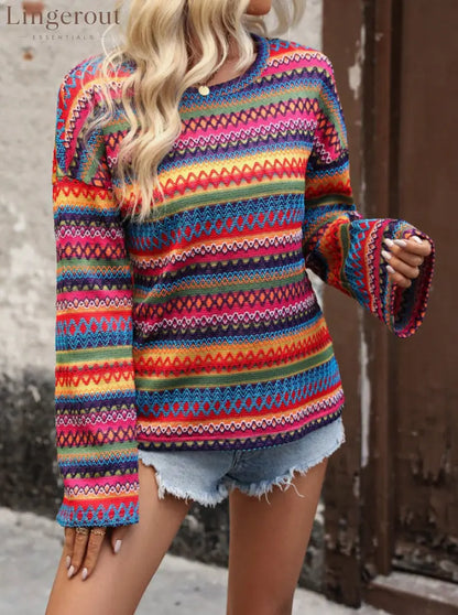 Colorful Geometric Stripe Bell Sleeve Top - Red / XS