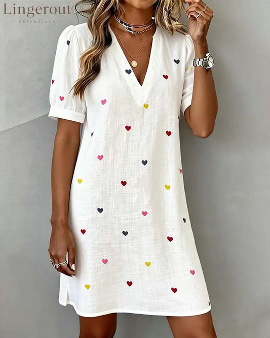 Colorful Heart Print V-Neck Dress - White / S