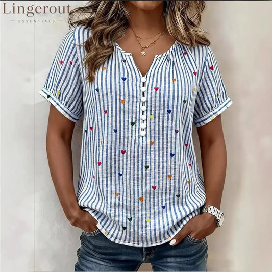 Colorful Heart Striped Henley Blouse