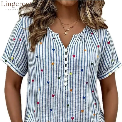 Colorful Heart Striped Henley Blouse