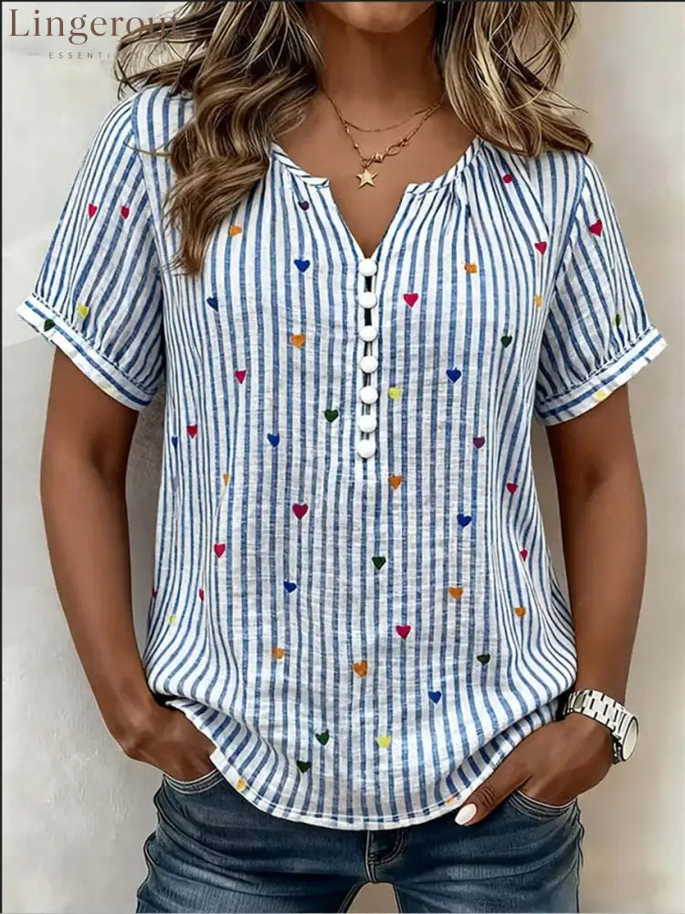 Colorful Heart Striped Henley Blouse - Light blue / S