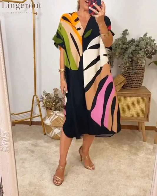 Colorful leaf print casual dress - Black / S