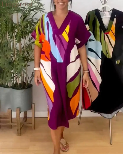 Colorful leaf print casual dress - Purple / S