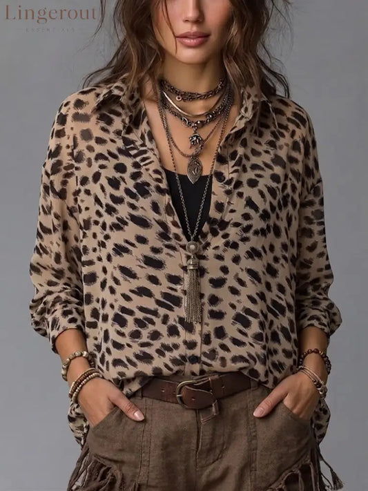 Comfortable & Casual Faux Two-piece Leopard Print Shirt - Brown / S