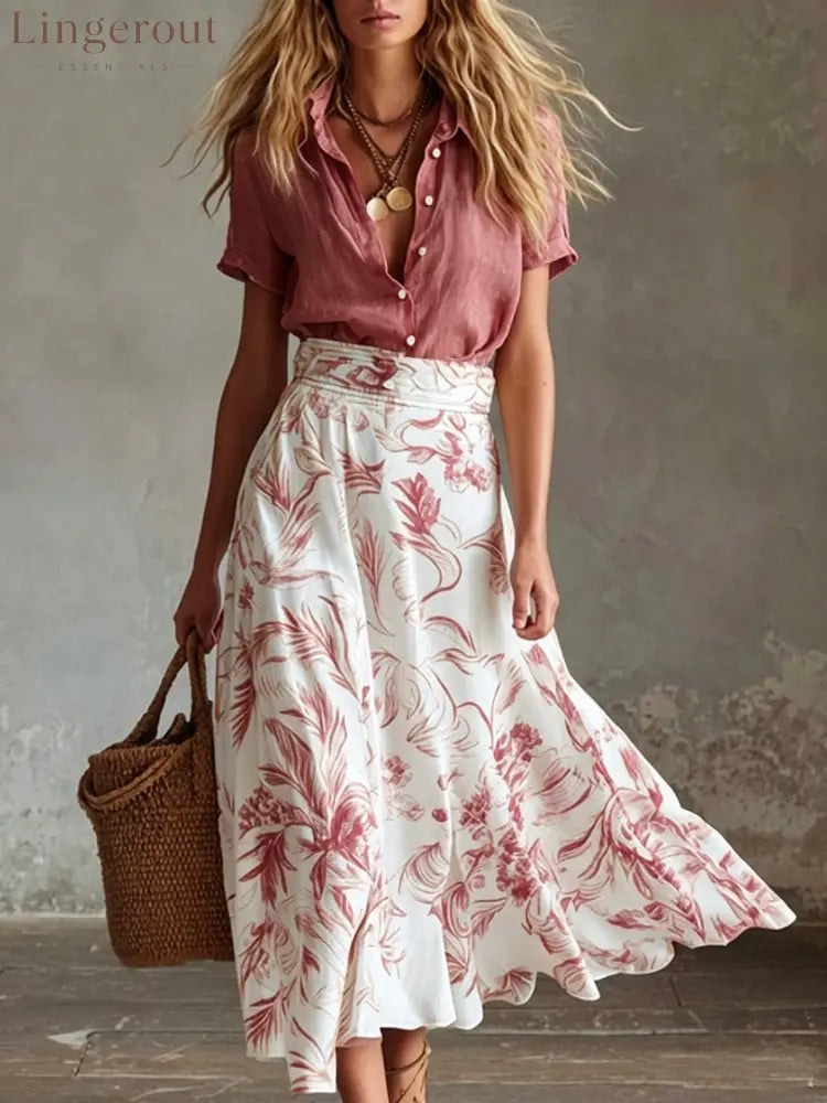 Contrast Floral Skirt Shirt Matching Co-ord Set - Deep pink / S