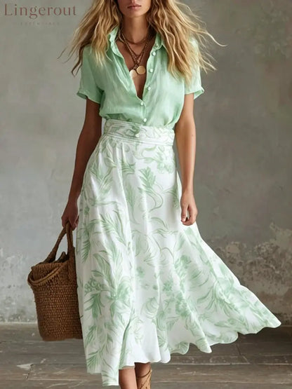Contrast Floral Skirt Shirt Matching Co-ord Set - Green / S