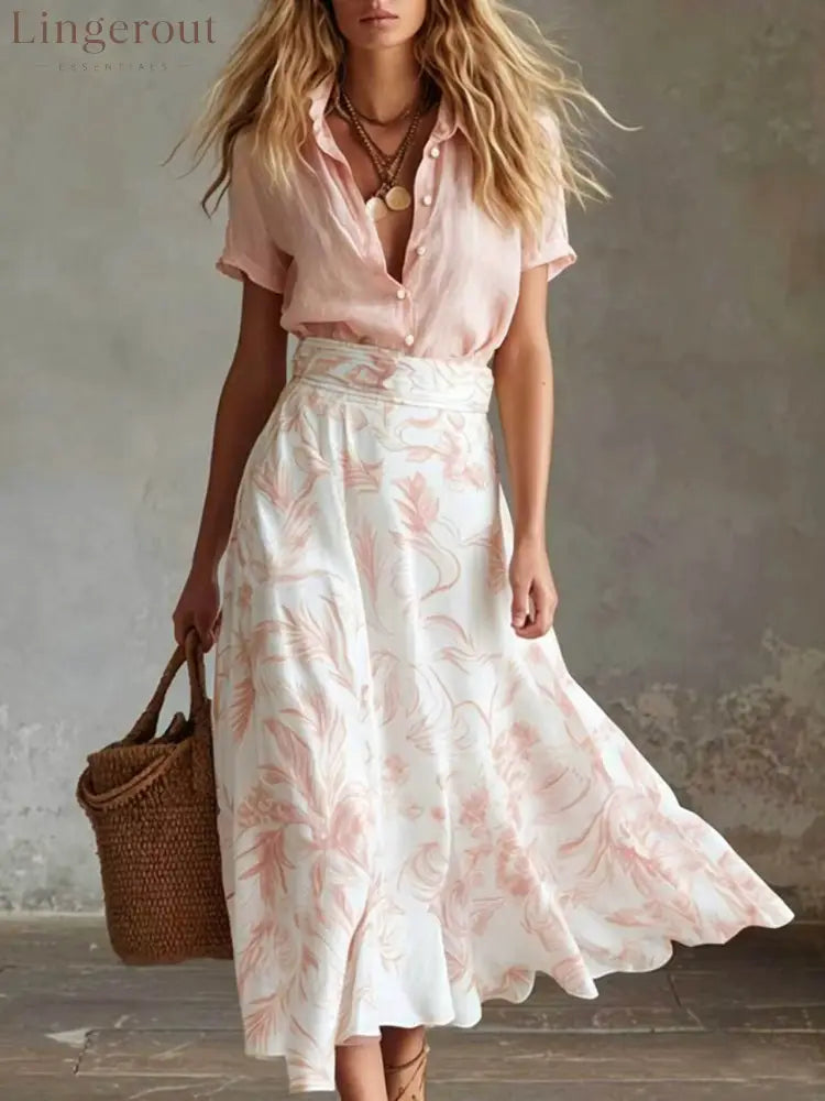 Contrast Floral Skirt Shirt Matching Co-ord Set - Pink / S