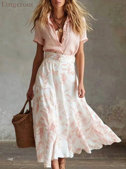 Contrast Floral Skirt Shirt Matching Co-ord Set - Pink / S